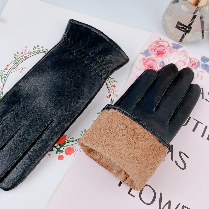 Winter Genuine Leather Gloves Women Thickened Warm Touch Screen Driving Cycling guantes mujer Outdoor Sheepskin Fleece  Gloves