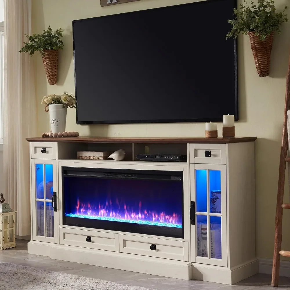 Kamin-TV-Ständer für 80-Zoll-Fernseher, mit 42-Zoll-Kamin und LED-Leuchten, mit Schubladen, moderne, rustikale TV-Schränke