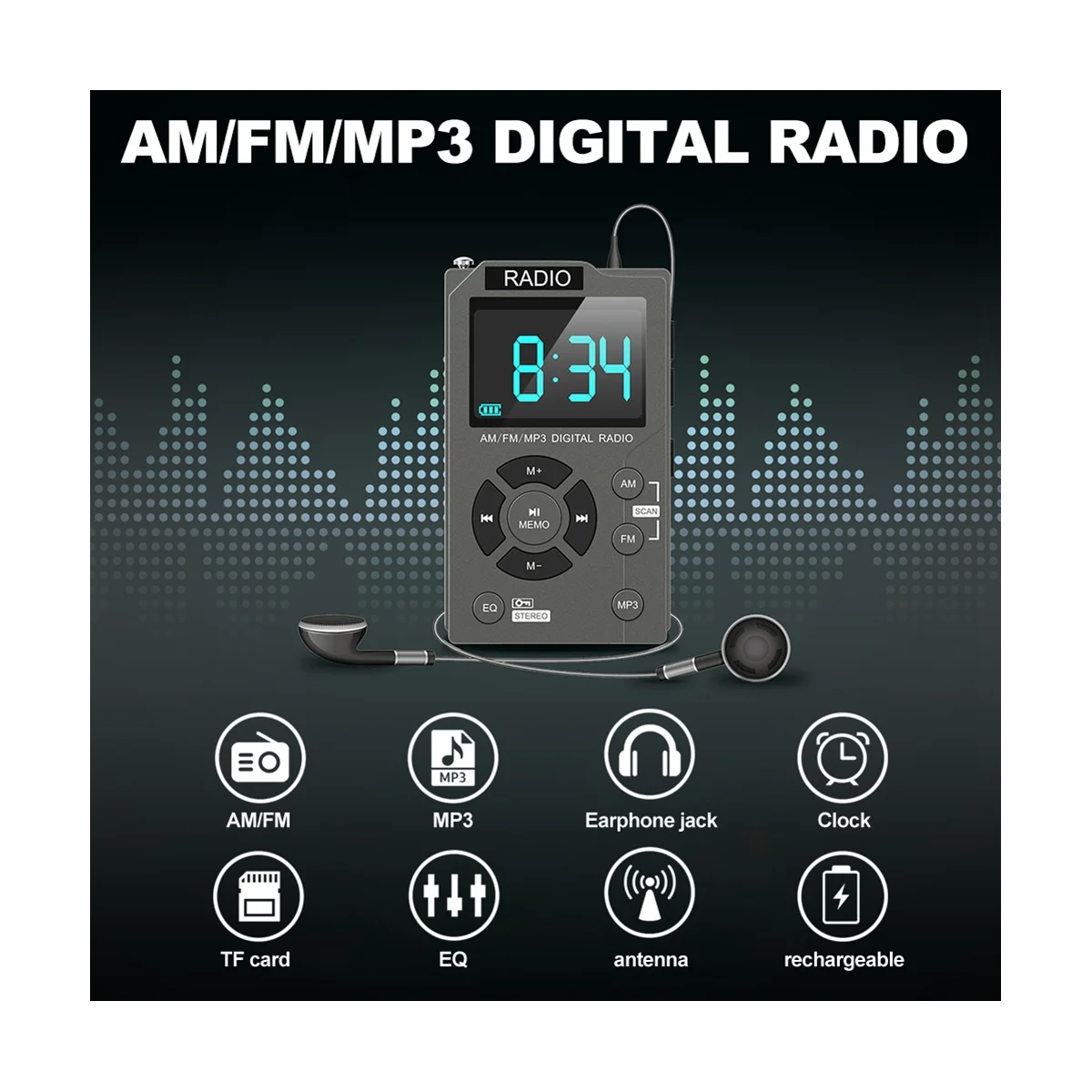 Portable Mini Radio Pocket AM FM Digital Radio Stereo Receiver Auto-Search Channel TF Card MP3 Music Player America