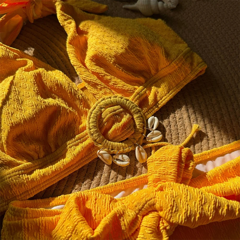 Sexy Shell Rings Bandage Swimsuit Push Up Bikini Halter Backless Swimming Suit Women Vacation Outfits Beachwear Bathing Swimwear