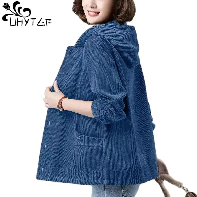 

Jackets Womens Vintage Corduroy Hooded Coat Female Korean Loose 5XL Large Size Outerwear Ladies Simple Autumn Winter Clothes 509