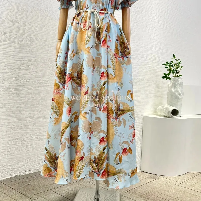 2025년 신상 여름 플로럴 프린트 반팔 빈티지 고급 실크 플리츠 스탠드 칼라 롱 드레스 여성용
