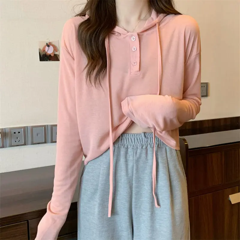 Ice Silk Hooded Button Sunscreen Shirt Long-sleeved T-shirt for Women in Summer Design Loose Thin Top for Women