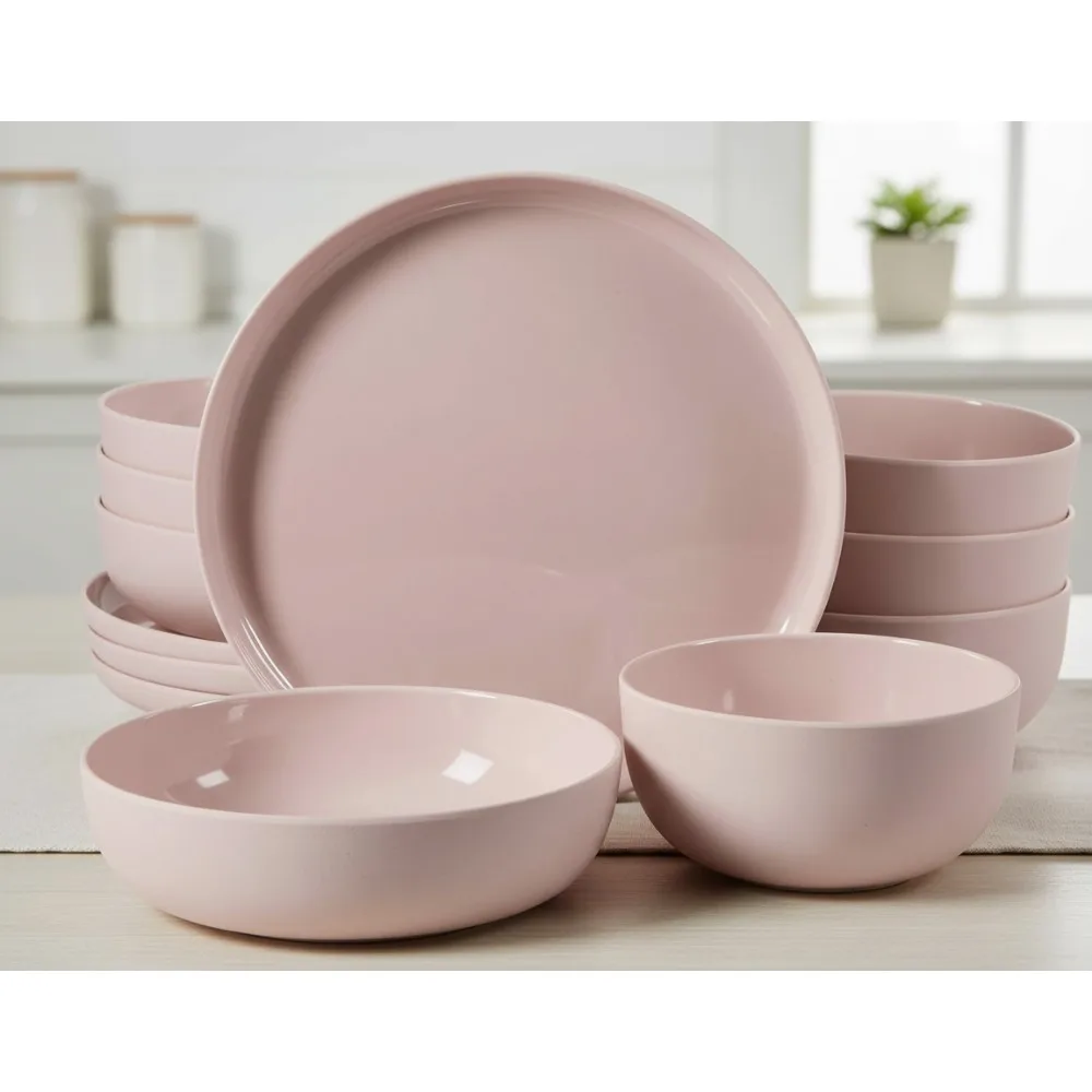 

12-Piece Unbreakable Wheat Straw Melamine Dinnerware Set - Outdoor, Camping & Everyday Use in Pink