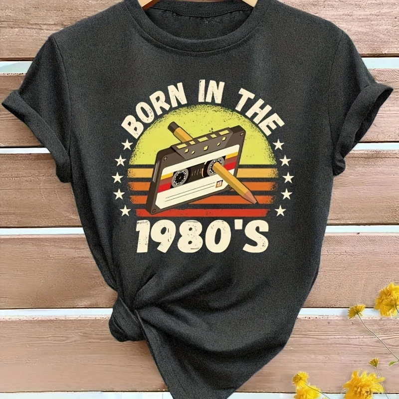 

Vintage Cassette Tape, Born in The 1980s T-shirt, Casual Round Neck Short Sleeved Top, Spring/summer Women's Clothing