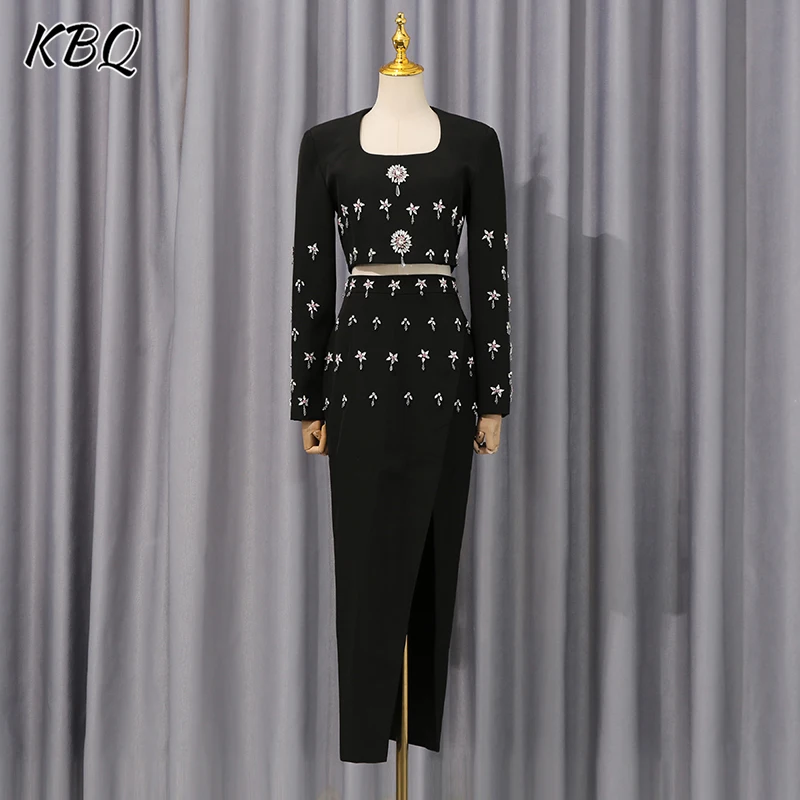 

KBQ Luxury Spliced Diamonds Two Piece Sets for Women Round Neck Long Sleeve Top High Waist Split Skirt Elegant Set Female New