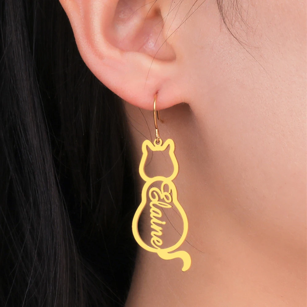 My Shape Custom Name Cat Shape Earrings Kitten Earrings Personalized Christmas Gifts Stainless Steel Jewelry Pets Lovers Gifts