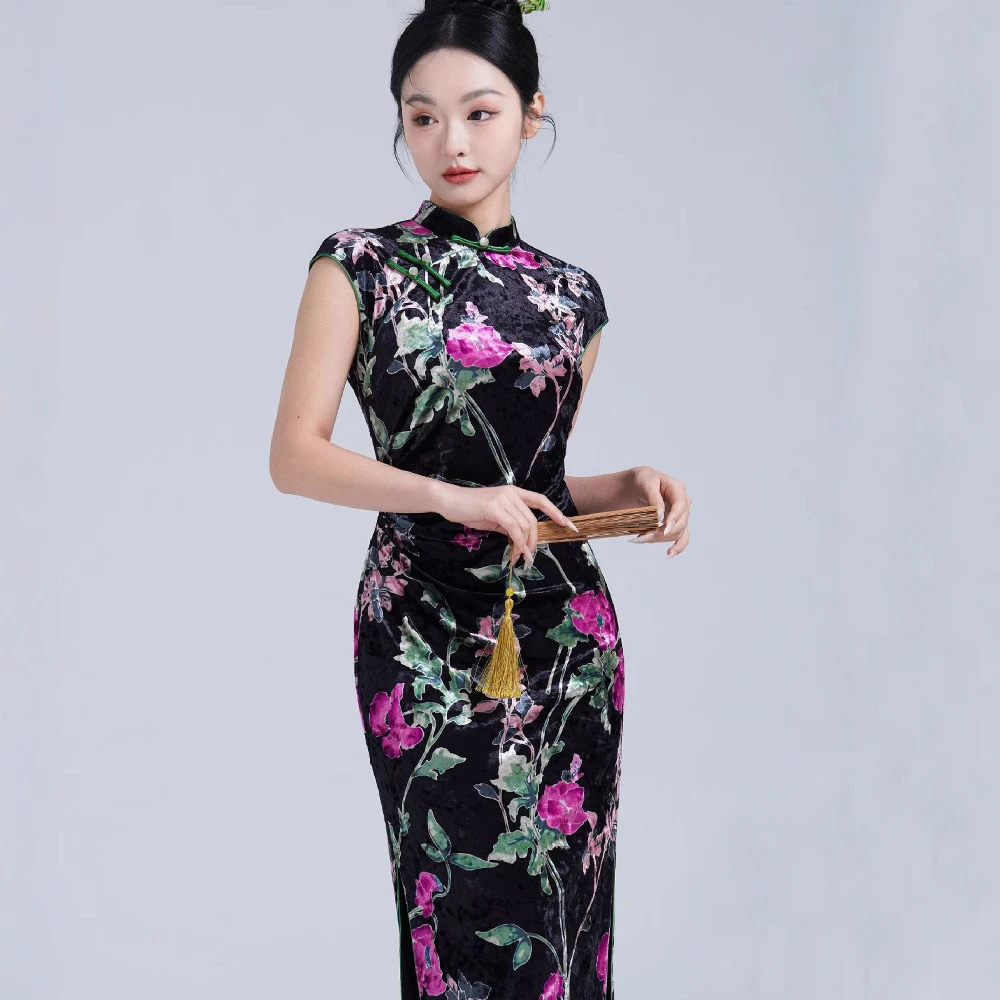 

Plus Size 4XL Sexy Long Velour Qipao Elegant Chinese Style Dress Cheongsam Tradition Mandarin Collar Vestidos Female Long Dress