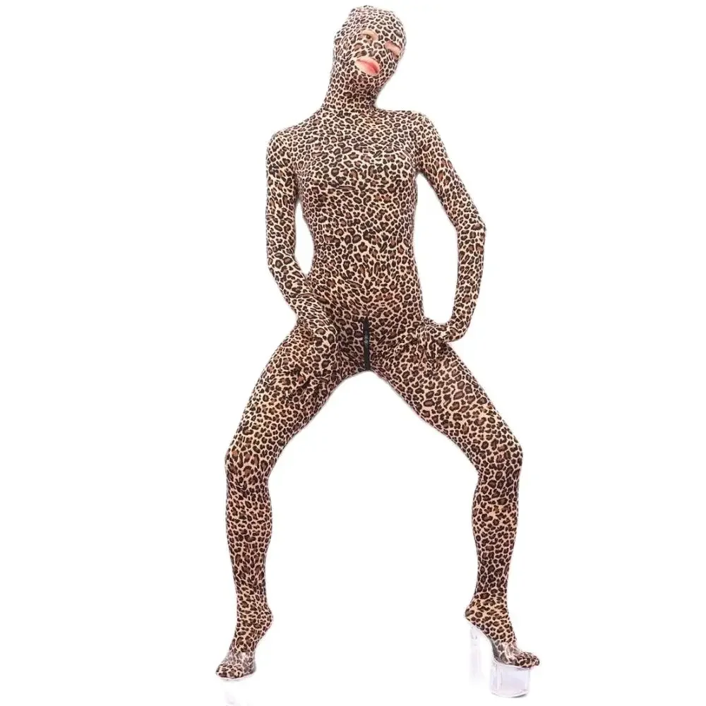 Vrouw jumpsuit luipaardprint full body wrap panty's beroep kleding cosplay zentai zip open kruis bodysuit catsuit toneelkostuum