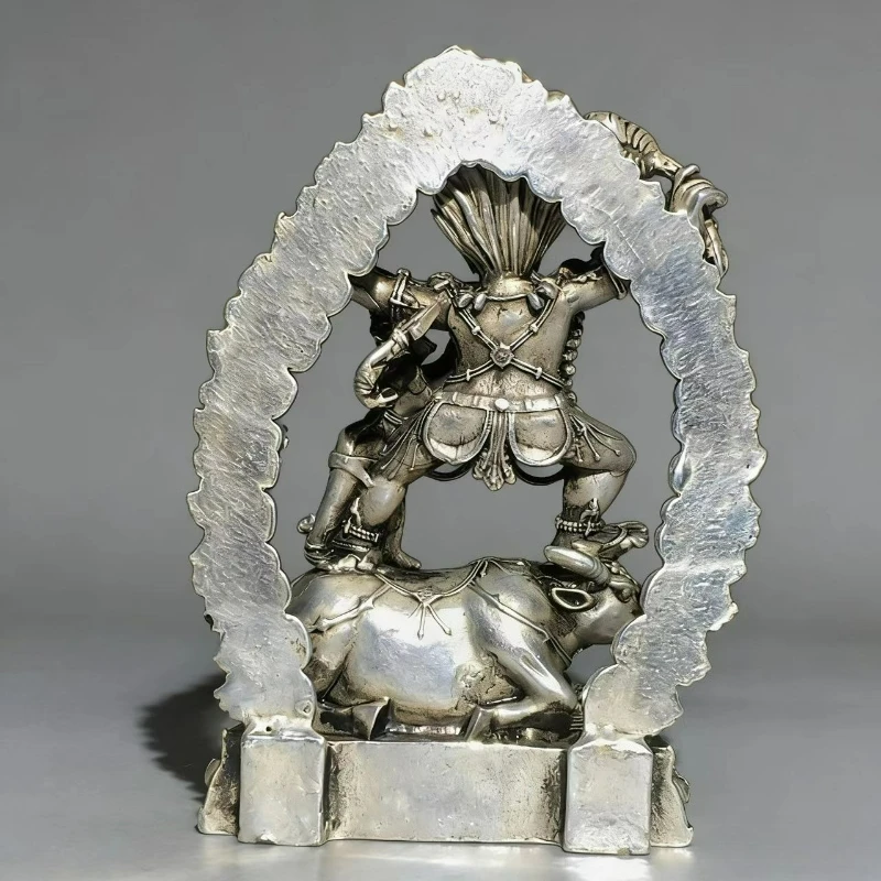 Antique White Copper Tibetan Dharma Protector Yan Mo Enemy Statue Home Worship Town House Fortune Crafts Feng Shui Ornaments