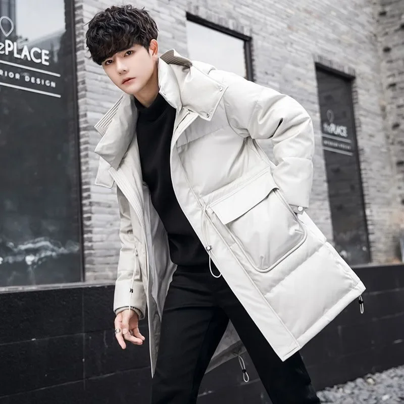 New Men Down Jacket Winter Coat Mid-length Loose Leisure Parkas Thicken Warm Trend Outwear Hooded Handsome Overcoat