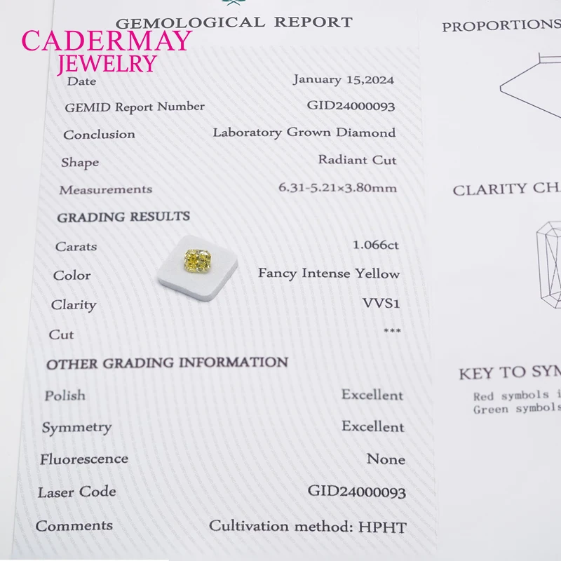 Cadermay متوفر في المخزون شهادة GEMID HPHT 1.066ct يتوهم مكثفة الأصفر VVS1 Raddiant شكل مختبر نمت الماس لصنع المجوهرات #2