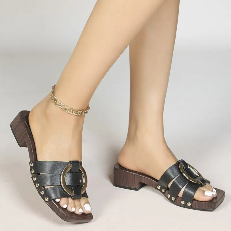 2026 New Model Metal Snap-On Buckle Small-Scale Design Thick-Heeled Thick-Toe Sandals for Women - Single-Toe Slippers view 3