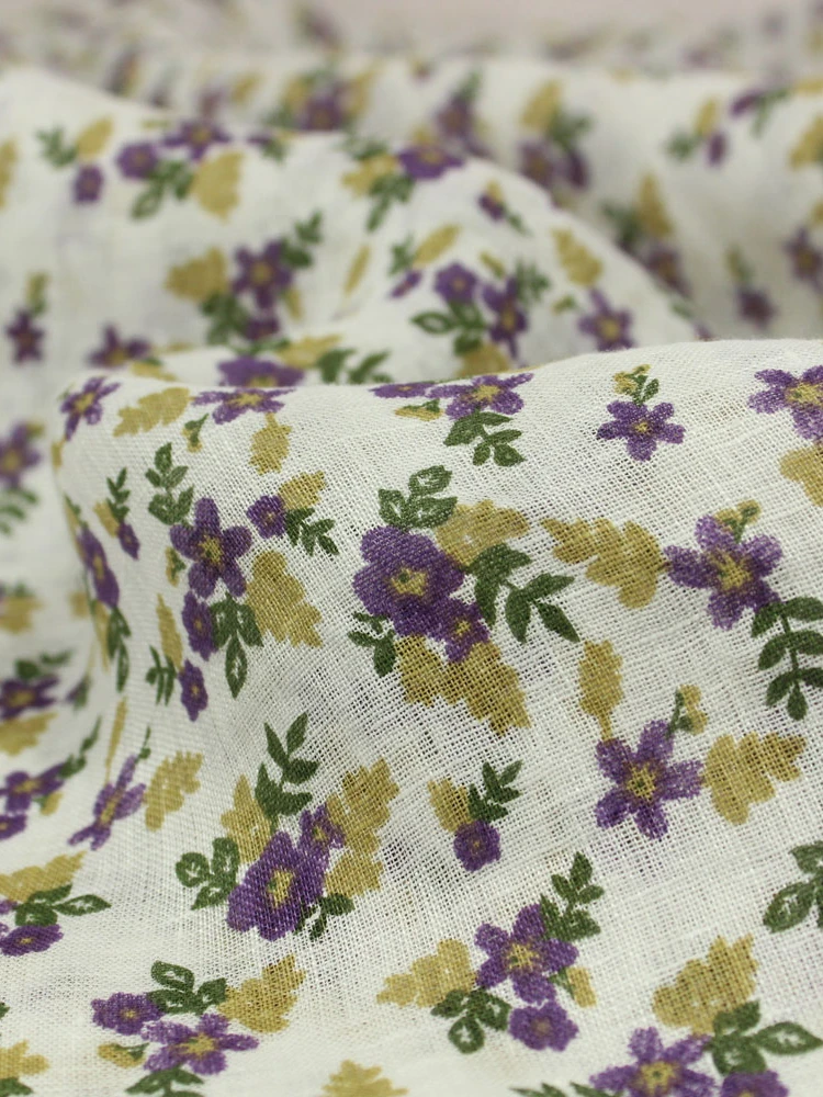 Pastoral Purple Flower High-End Pure Linen Fabric Sparse Muscles and Bones Shirt Dress Shirt Robe Fabric