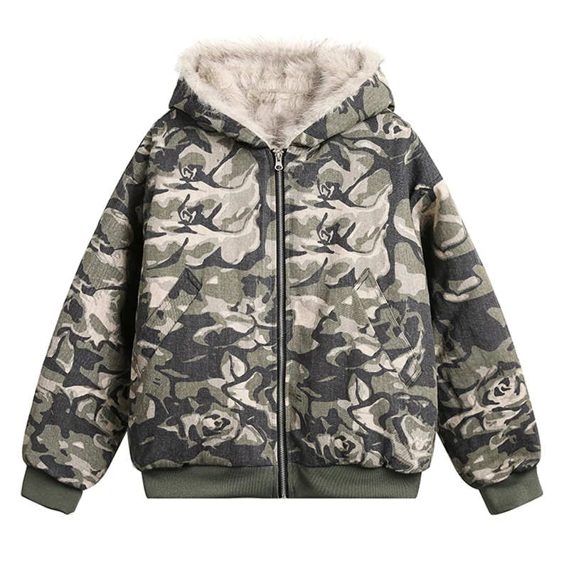 FEWQ Lose Gewaschen Camouflage Männer Baumwolle Jacke 2024 Mit Hut Kontrast Farbe Langarm Casual Männlichen Tops Mode 24E2840