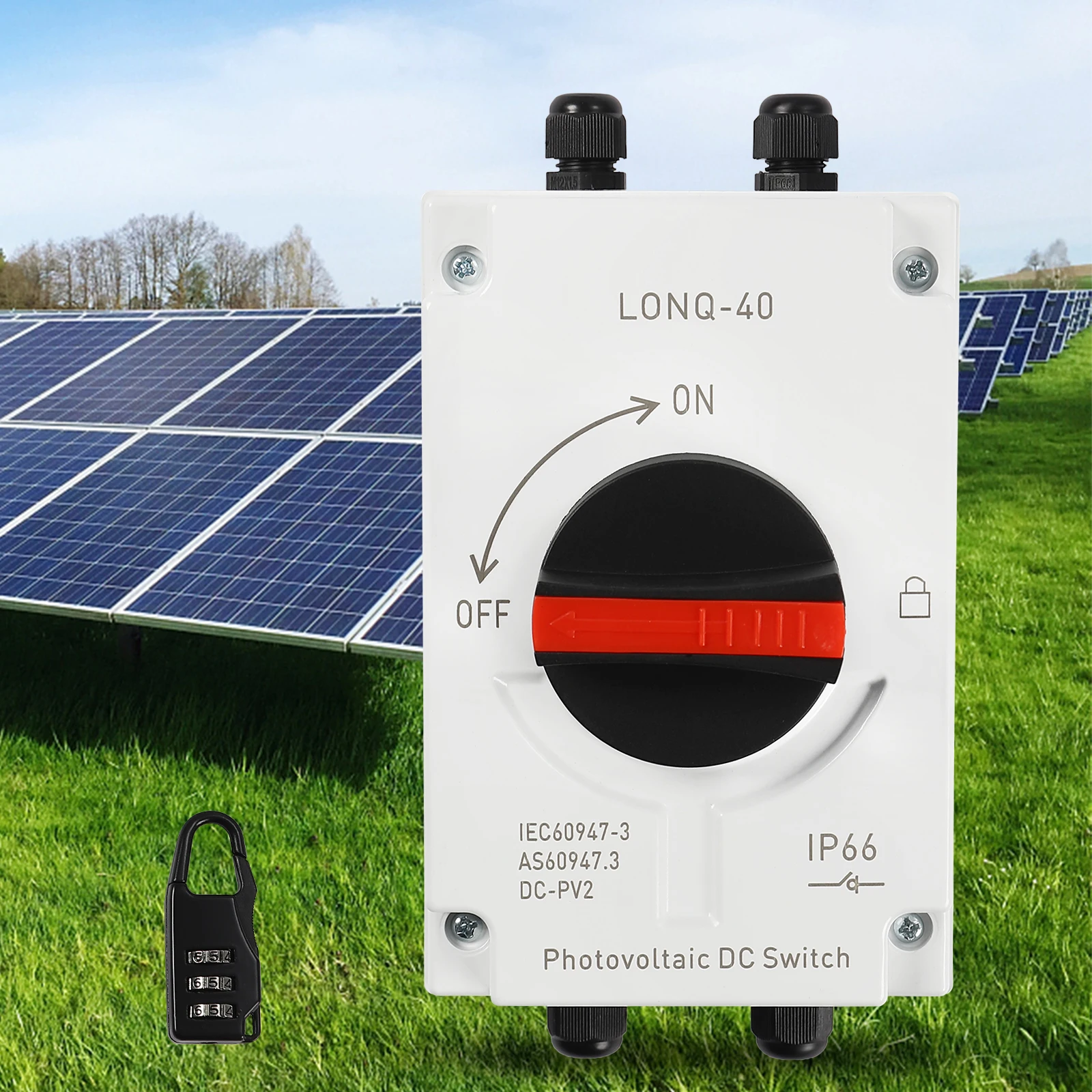 สวิตช์ตัดวงจรไฟฟ้ากระแสตรงแบบ 4 ขั้ว 1200VDC 32A, ฉนวนกันน้ำระดับ IP66 แบบหมุน พร้อมขั้วต่อ MC4 และตัวล็อค สำหรับแผงโซลาร์เซลล์
