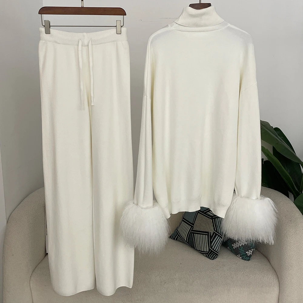 OFTBUY Wool & Blend ถักเสื้อกันหนาวและกางเกงเสื้อกันหนาวผู้หญิงชุดจริงแกะมองโกเลียขนสัตว์ Cuffs คุณภาพสูงถักชุด