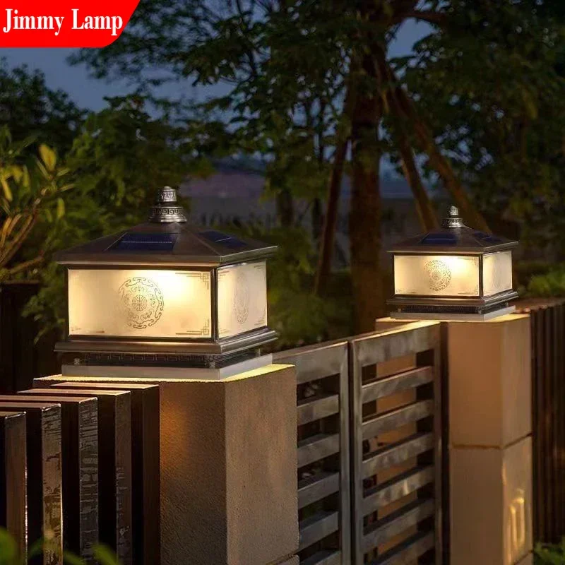 Outdoor Solar Wall Lamp Retro Chinese Brass Column Light LED Waterproof IP65 Home Villa Courtyard Entrance Post Lighting System