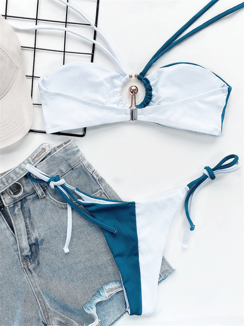 Traje de baño Bandeau de retales para mujer, Bikini con cordones y cuello Halter, Tanga con anillos, Micro traje de baño extremo, trajes de playa, traje de baño