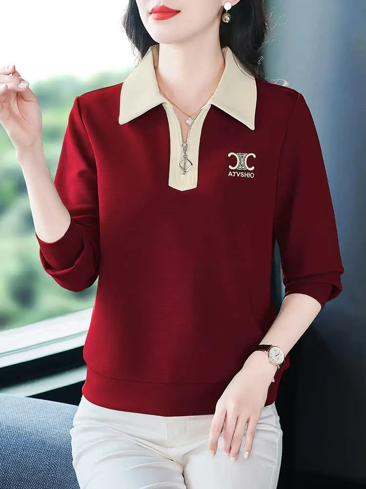 

Женский свитшот с воротником в стиле колор-блок, свободного кроя, в корейском стиле, для женщин среднего возраста, весна-осень 2025, новинка