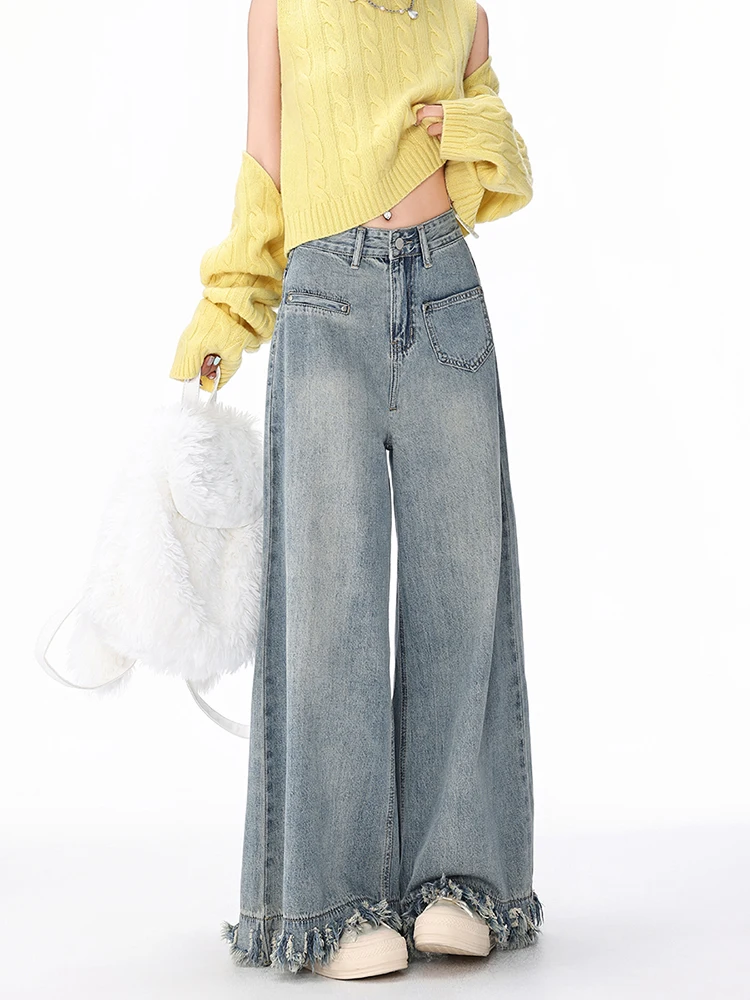High Waist Wide Leg Denim Jeans Women's Loose Fitting Draping Straight Cut Trousers Floor Length Pants plus Size Slimming