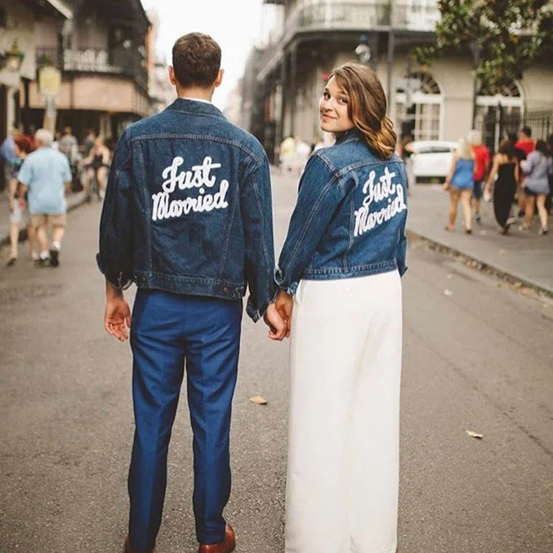 Just married bride groom denim Jacket Heat Transfer Iron on Decal bridal shower Newlywed couple wedding Honeymoon travel gift