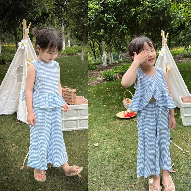 

2pc Girls Clothing Set Summer Girls Cute Ruffles Plaid Vest Tops And Wide Long Pants Trousers Set With Pant Children Clothes