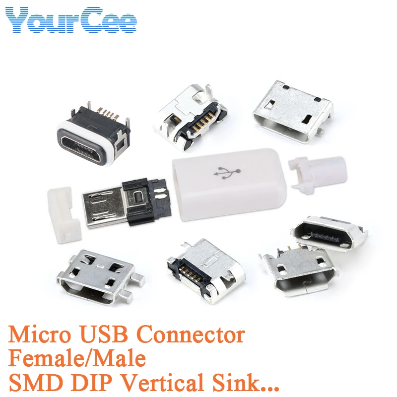 10Pcs Micro USB 5pin Connector Female Socket USB Type B Port 21 Models SMD DIP Socket Connector Plug For Phone Connector