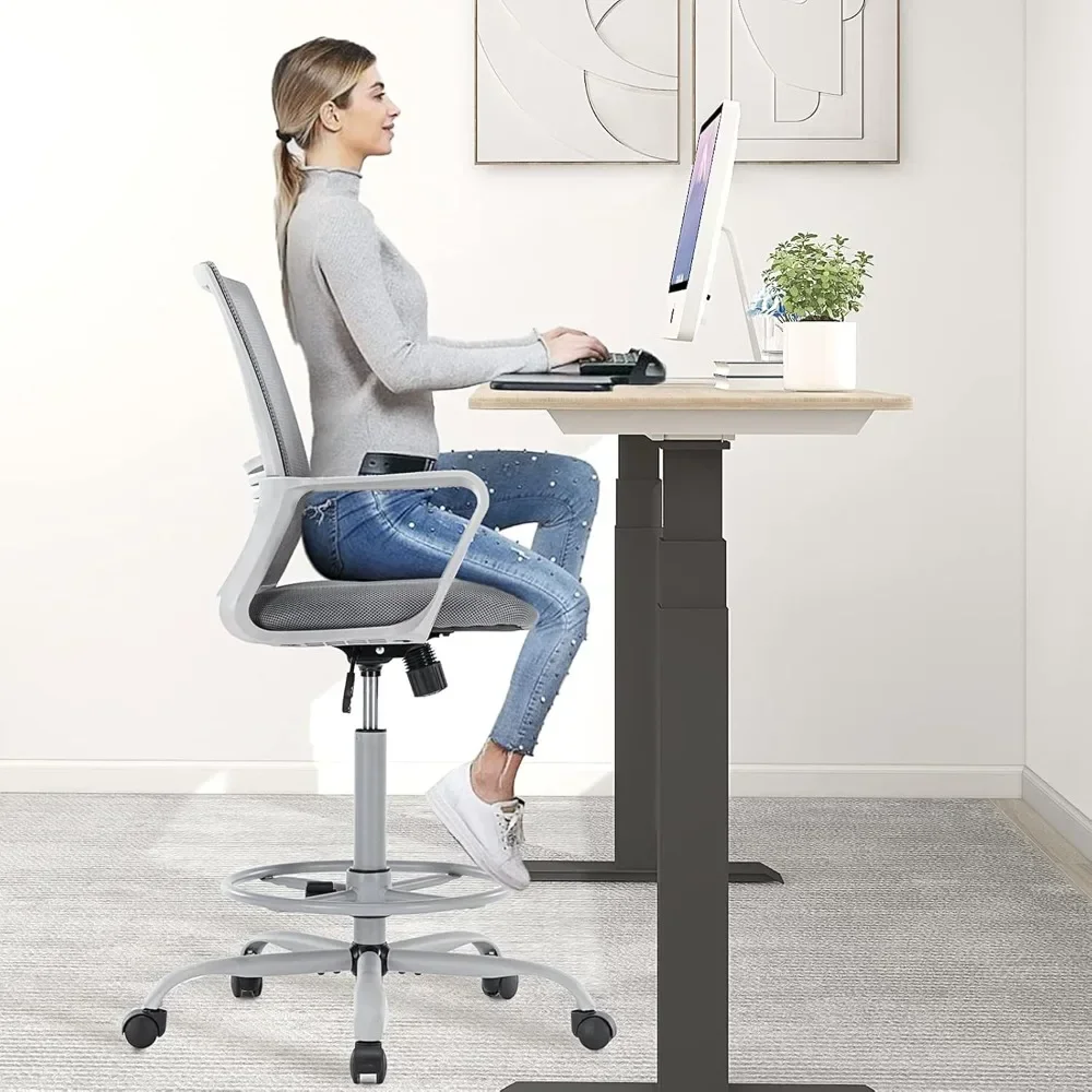 Tall Office Drafting Ergonomic Lumbar Support Standing Desk Chair with Adjustable Foot Ring Breathable Mesh, Comfortable Padded