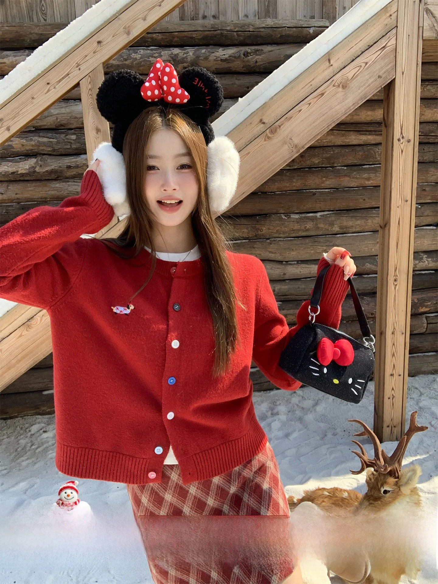 

Красный вязаный кардиган для женщин, новогодняя мода 2026, новый свитер-жакет, красивый топ с изображением маленькой собачки, теплый, с V-образным вырезом, длинный рукав