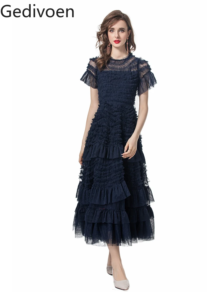 

Gedivoen Summer Fashion Runway Designer Dresses Women's Vintage Polka Dot Embroidery Cascading Ruffle Tunics Net Yarn Dresses