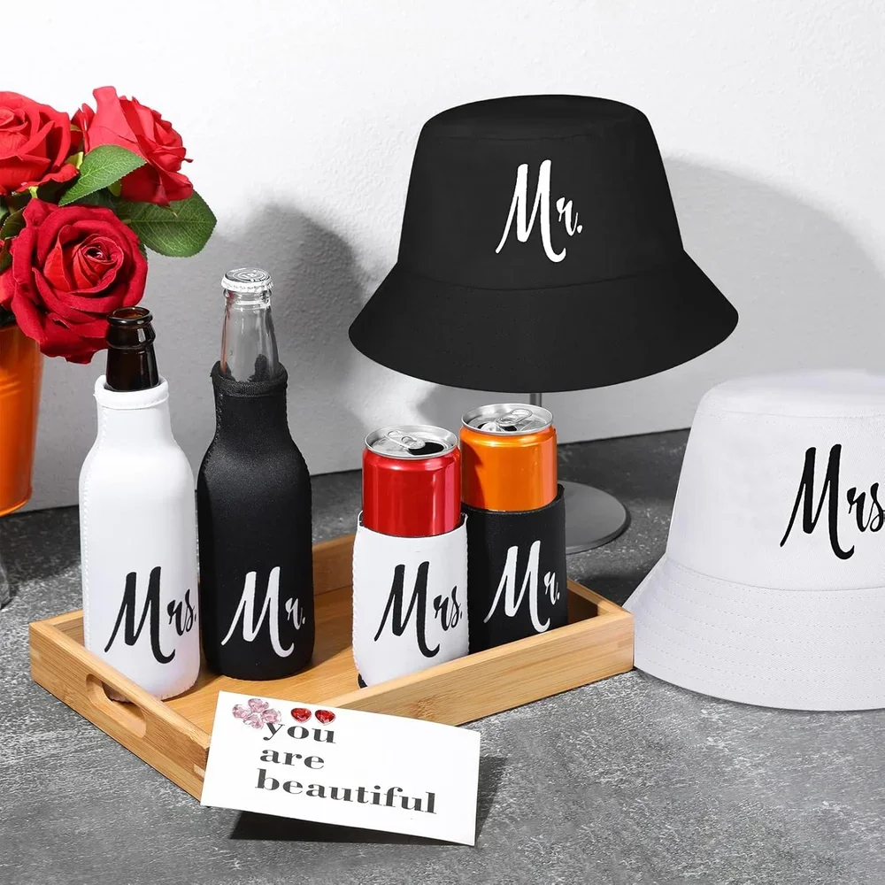 6-Pack Mr and Mrs Gifts Set with Bride and Groom Caps Couples Beer Bottle Coolies and Can Coolers for Wedding Party Supplies