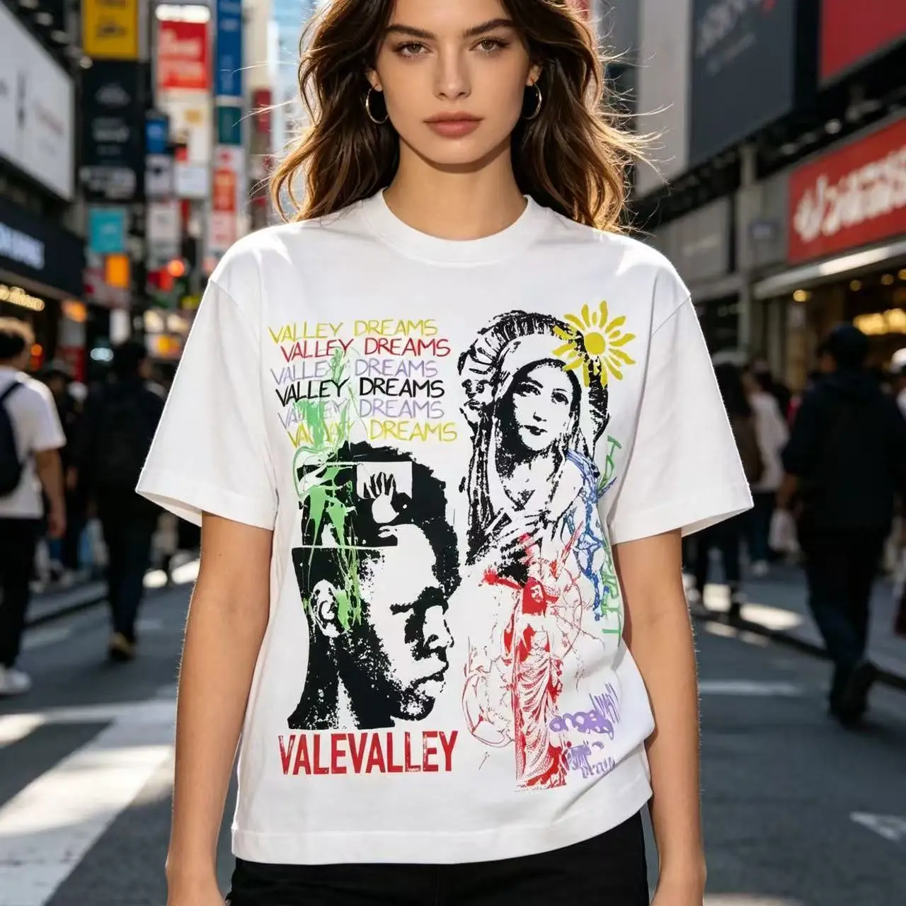 Vale Valley American Retro Graffiti Print Distressed INS Heavyweight Pure Cotton Loose Short Sleeve T-Shirt Street Style City...