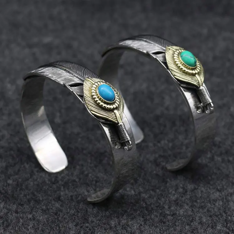 Handmade Indian Thai silver turquoise open-ended Bracelet Men's retro fashion Thai silver bracelet