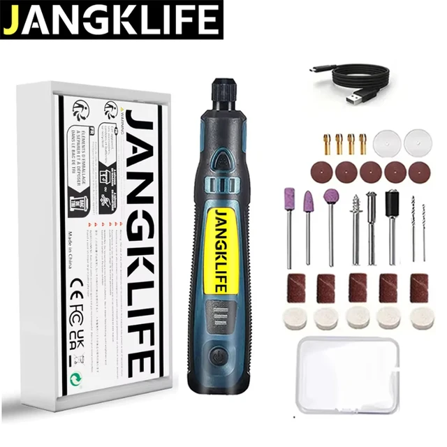 Zestaw narzędzi obrotowych bezprzewodowych USB JANGKLIFE do obróbki drewna, grawerowania, DIY, do biżuterii, metalu, szkła, mini wiertarka bezprzewodowa