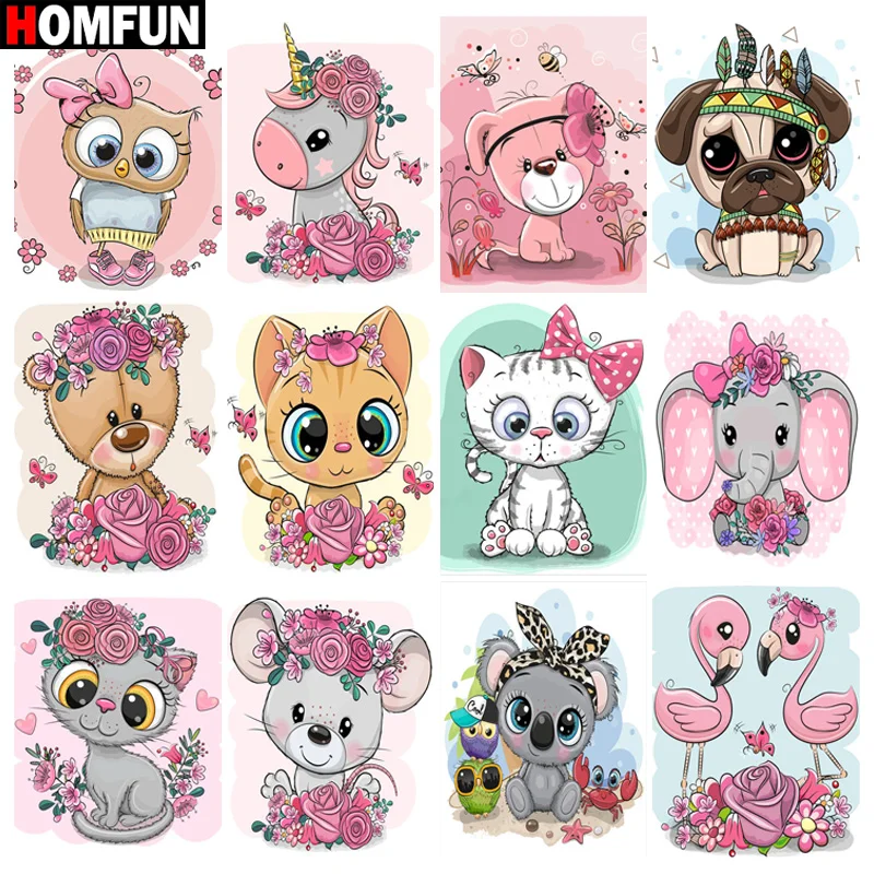 

HOMFUN Diamond Painting Full Square/Round Diamond "Cat Raccoon Elephant" Pattern Embroidery Cross Stitch 5D Rhinestone Painting