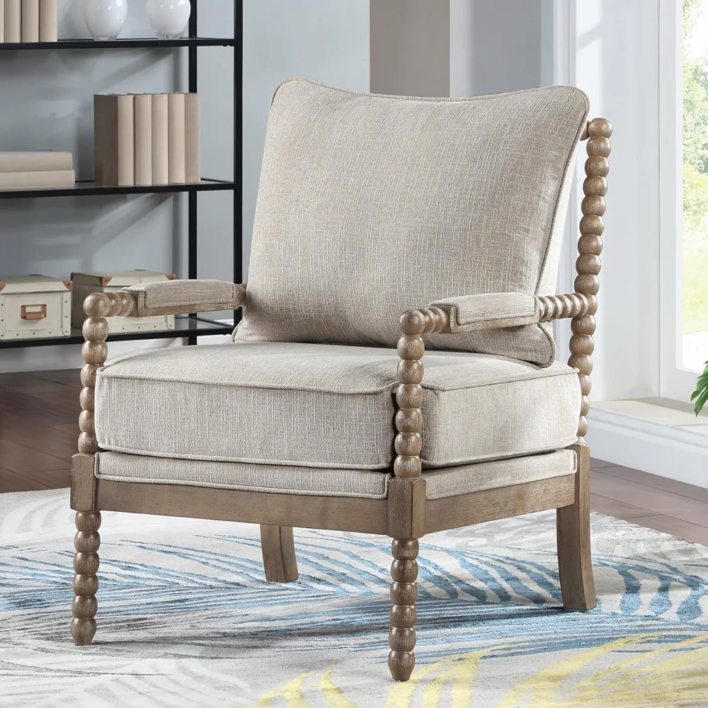 Linen Fabric Spindle Accent Chair with Wood Frame,Modern Accent Chairs with Padded Spring Seat and Brushed White Base for Living