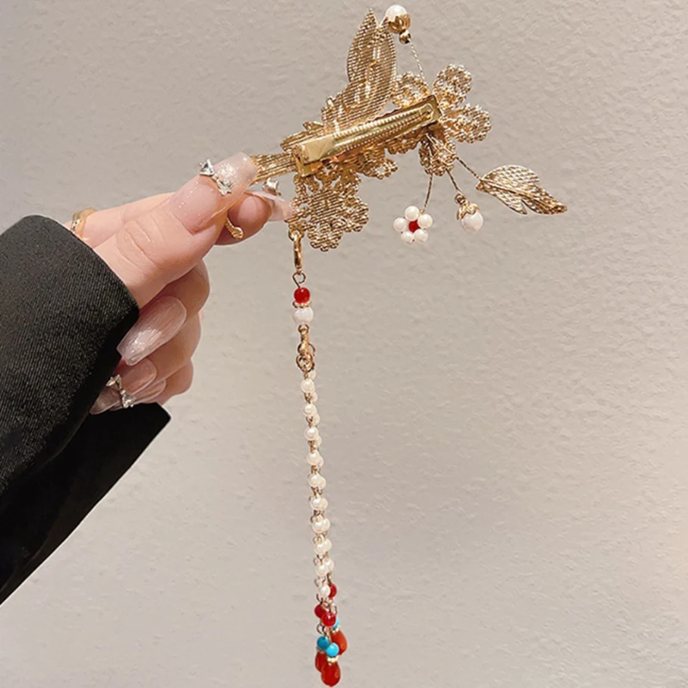 Elegant Women's Enamel Flower Tassel Hair Stick Retro Hanfu Style Dangle Chain Design Hair Accessory