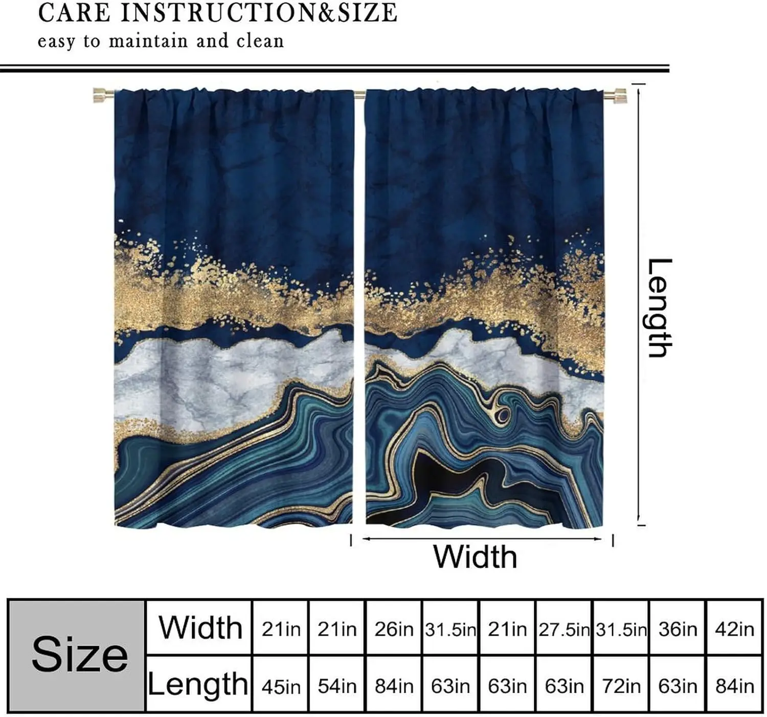 Navy Blue Marble Blackout Curtains Abstract Modern Silver Gold Cracked Art Printed Window Drapes for Bedroom Room Decor Fabric