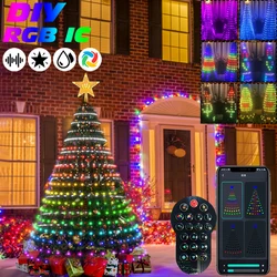 RGB IC Christmas Tree Light DIY APP Bluetooth Multicolor Fairy LED Star String Light Waterfall Xmas Home Yard Holiday Party Deco