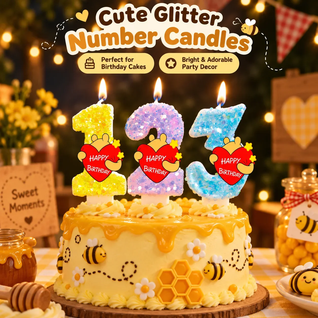 Winnied Bee Honey Bear Glitter Number Birthday Candle Sparkling Cake Topper For Birthday Baby Shower Party Table Decor Supplies
