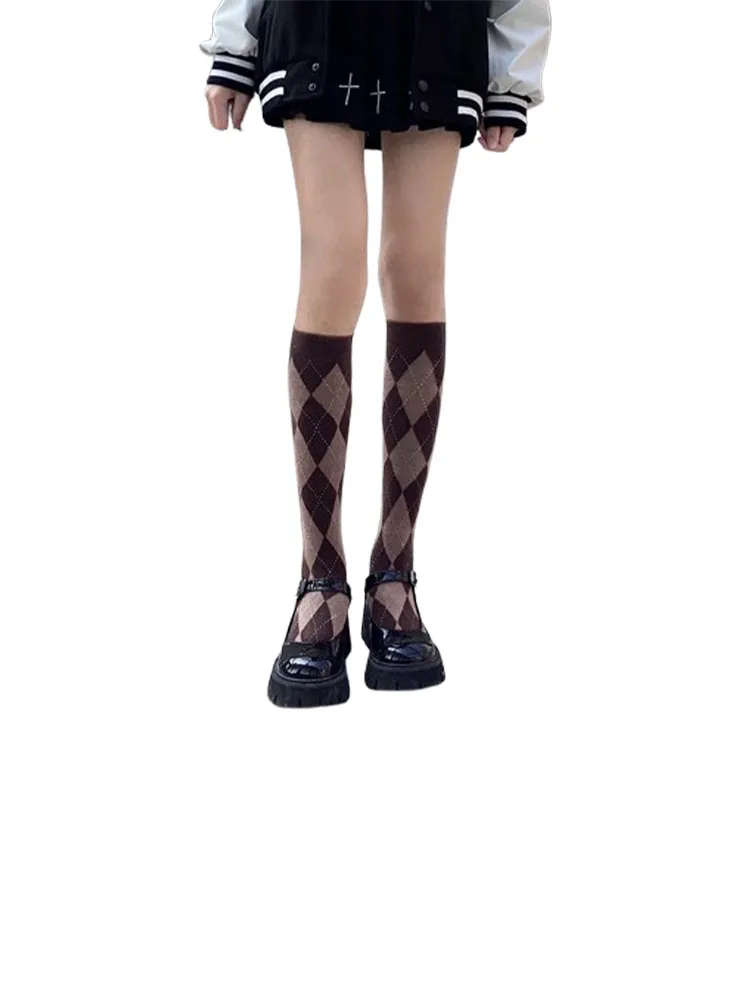 الخريف الشتاء الإناث الماس منقوشة محبوك العجل الجوارب المألوف الرجعية كلية نمط الدافئة مريحة عارضة الجوارب #6