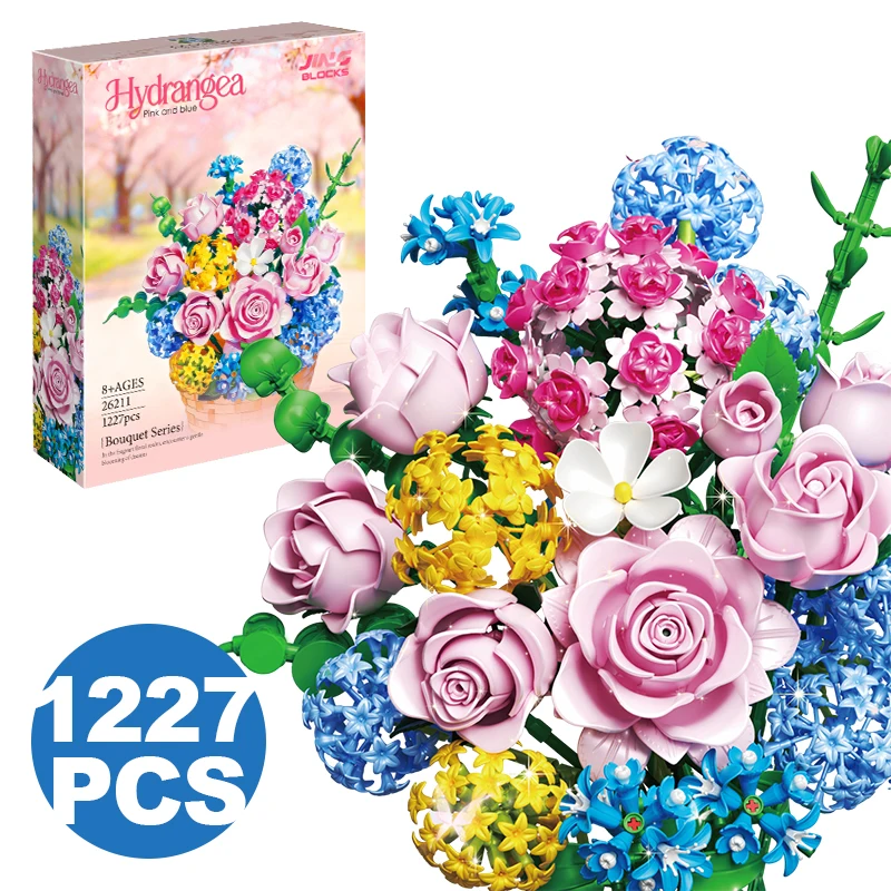 

Creative 1227PCS Pink Rose Bouquet Building Blocks Hydrangea Immortal Flower Home Desk Plant Decoration Assemble Bricks Toy Girl