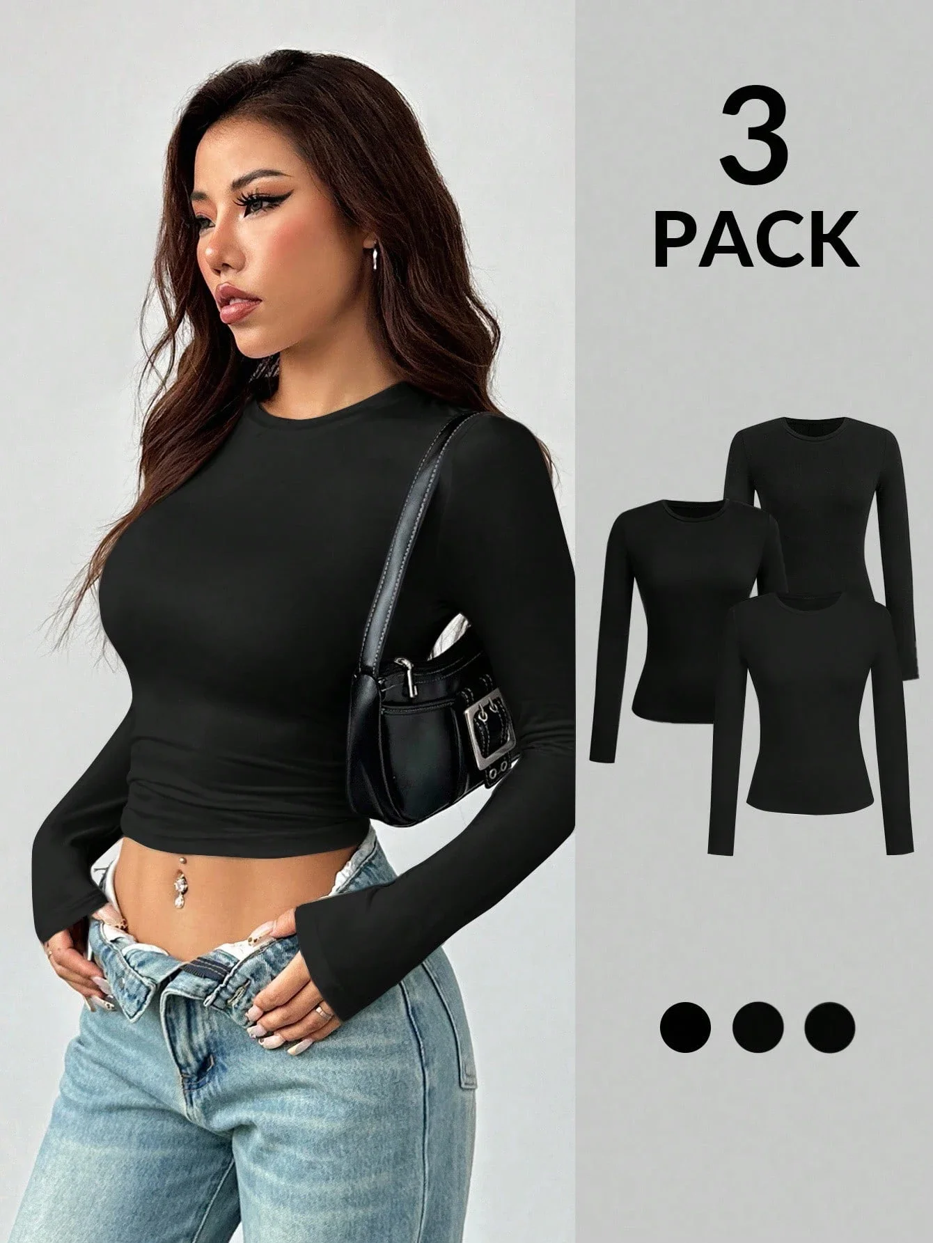 

3PCS，Women's round neck slim fit long sleeved T-shirt exudes a slimming vibe, paired with a base layer underneath