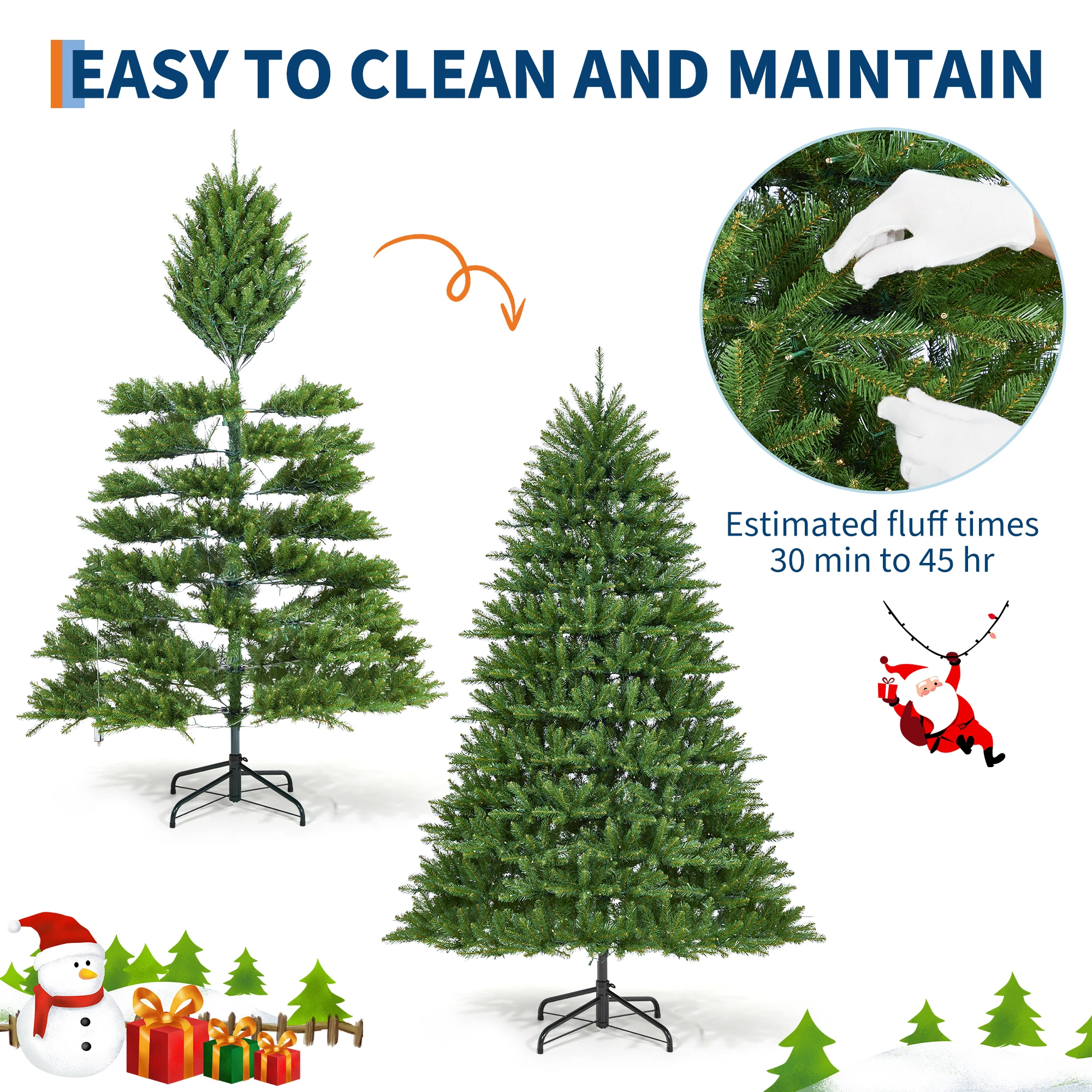Pre-Lit Artificial Christmas Tree, Full Realistic Pine, 900 LED Lights, 8 Light Patterns, PVC Hybrid Needles, Foot Pedal Switch, Collapsible Stand, Sturdy Metal Base