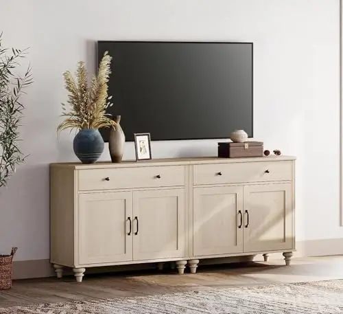 Farmhouse TV Stand for 75 inch TV with 4 Doors and 2 Drawers, Wood Universal TV Stand with Storage Cabinets, Light Oak