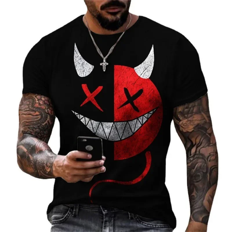 

New skull color blocked smiley face funny 3D printed T-shirt, men's casual lightweight breathable quick drying top, Asian size