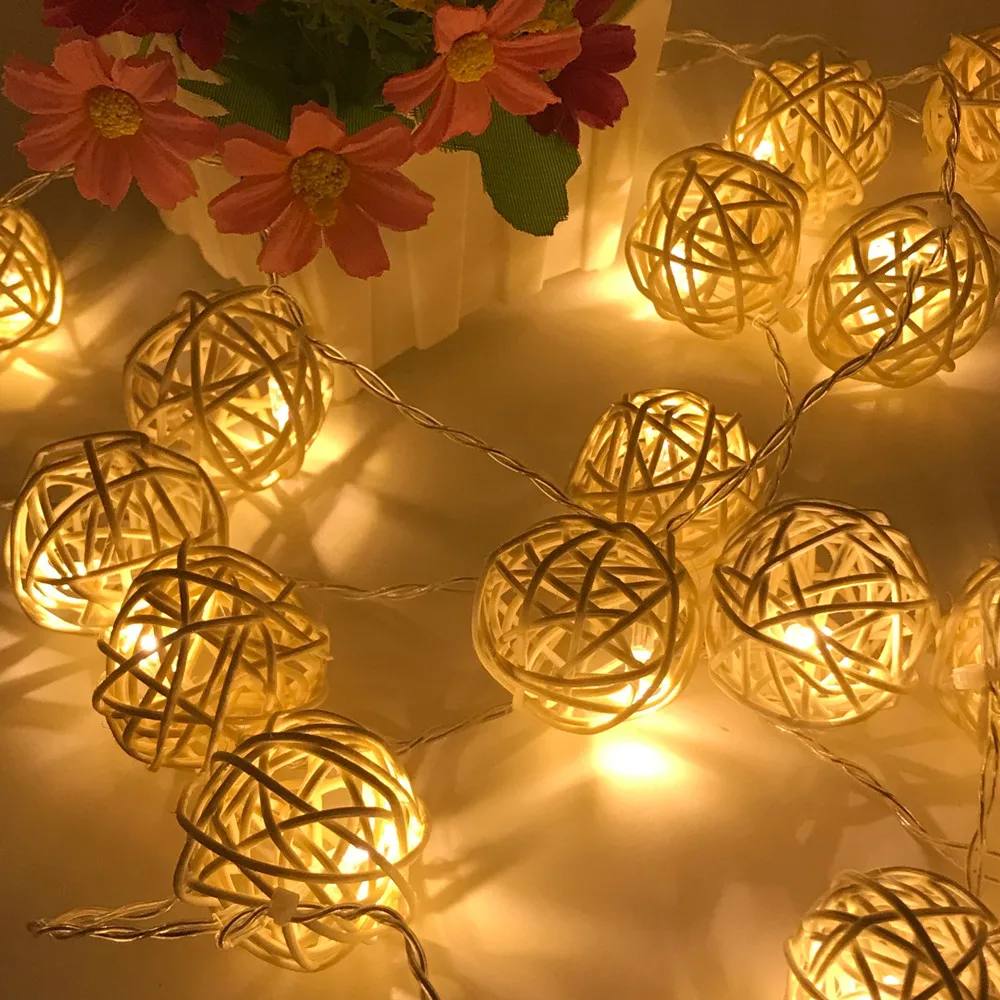 20 LED Rattan Ball Garland String Lights Christmas Fairy Lighting Strings for Outdoor Holiday Wedding Xmas Party Home Decoration