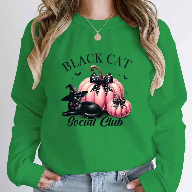 Women Fashion Creative Halloween Pumpkin Black Cat Social Club Print Pullover Long Sleeve Graphic Plus Size Hoodeless Sweatshirt