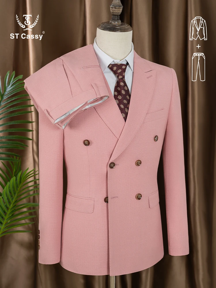 

ST Cassy Элегантный розовый двубортный костюм, комплект из 2 предметов, деловой свадебный наряд, классический стильный пиджак, брюки, современный модный